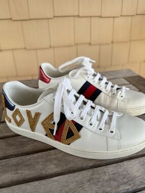Gucci Ace Loved Leather Sneakers White Web Stripe Gold EU 36+ 6.5 Full Set w/box